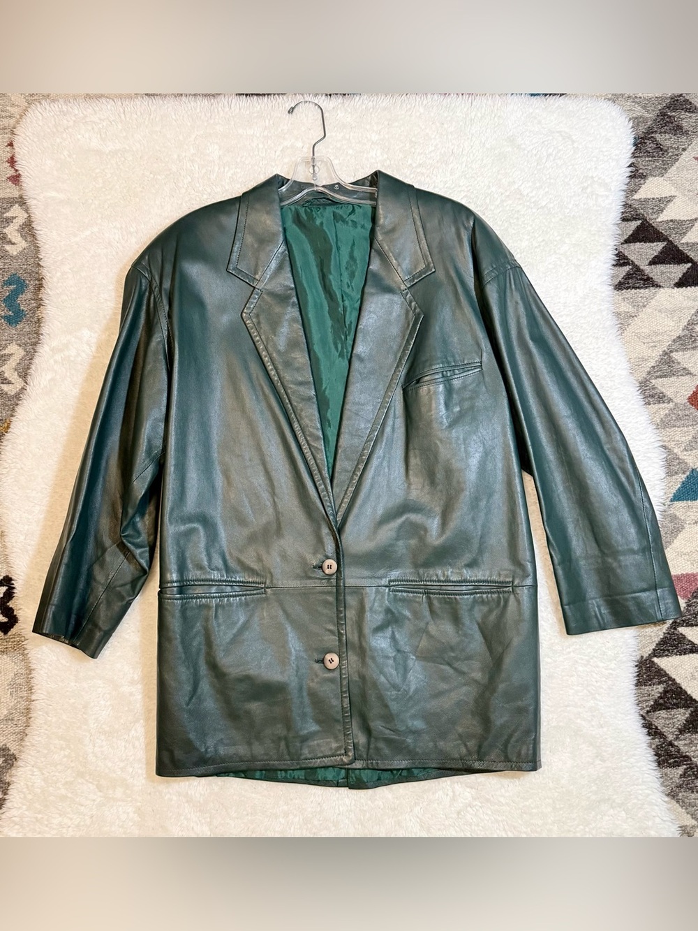 Vintage 80s Bally Hunter Green Leather Blazer w/Shoulder Pads